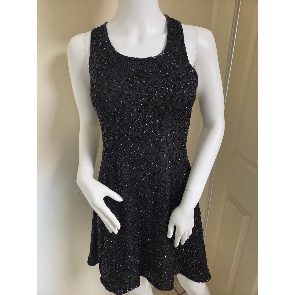 Ibiza Black Beaded Silk Cocktail Dress Womens XS Sleeveless Mini Formal Event